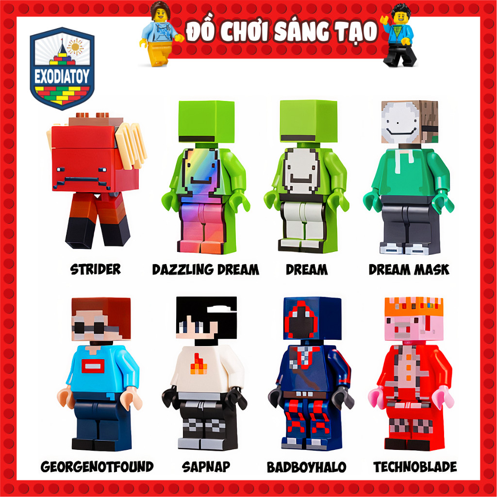 Mô hình Nhân vật các nhà sáng tạo Youtuber trong Minecraft (Tặng kèm base 3x4 và vỉ 5 vũ khí) - MOC MINECRAFT